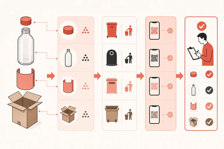 Packaging-component map showing material identification, Italian sorting information, digital access and review evidence.