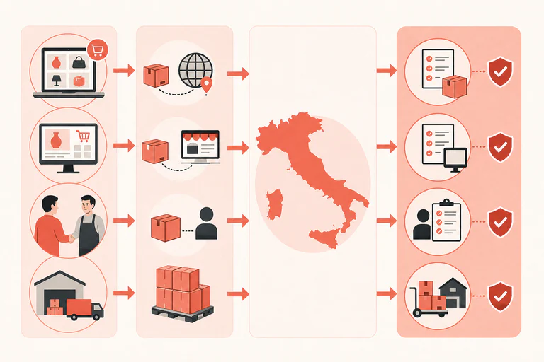 Decision map comparing marketplace, own-webshop, Italian importer and mixed sales routes for CONAI scoping.